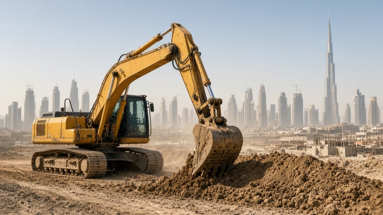Paktia Star Transport LLC (PaktiaStar) heavy equipment on a Dubai construction site — Ras Al Khor office